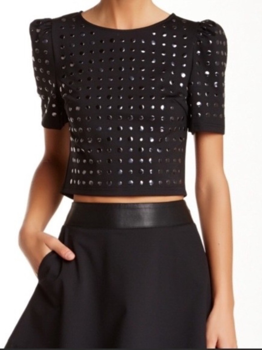 Stella & Jamie Studded Puff Sleeve Crop Top Edgy Festival Y2K Black Sz S